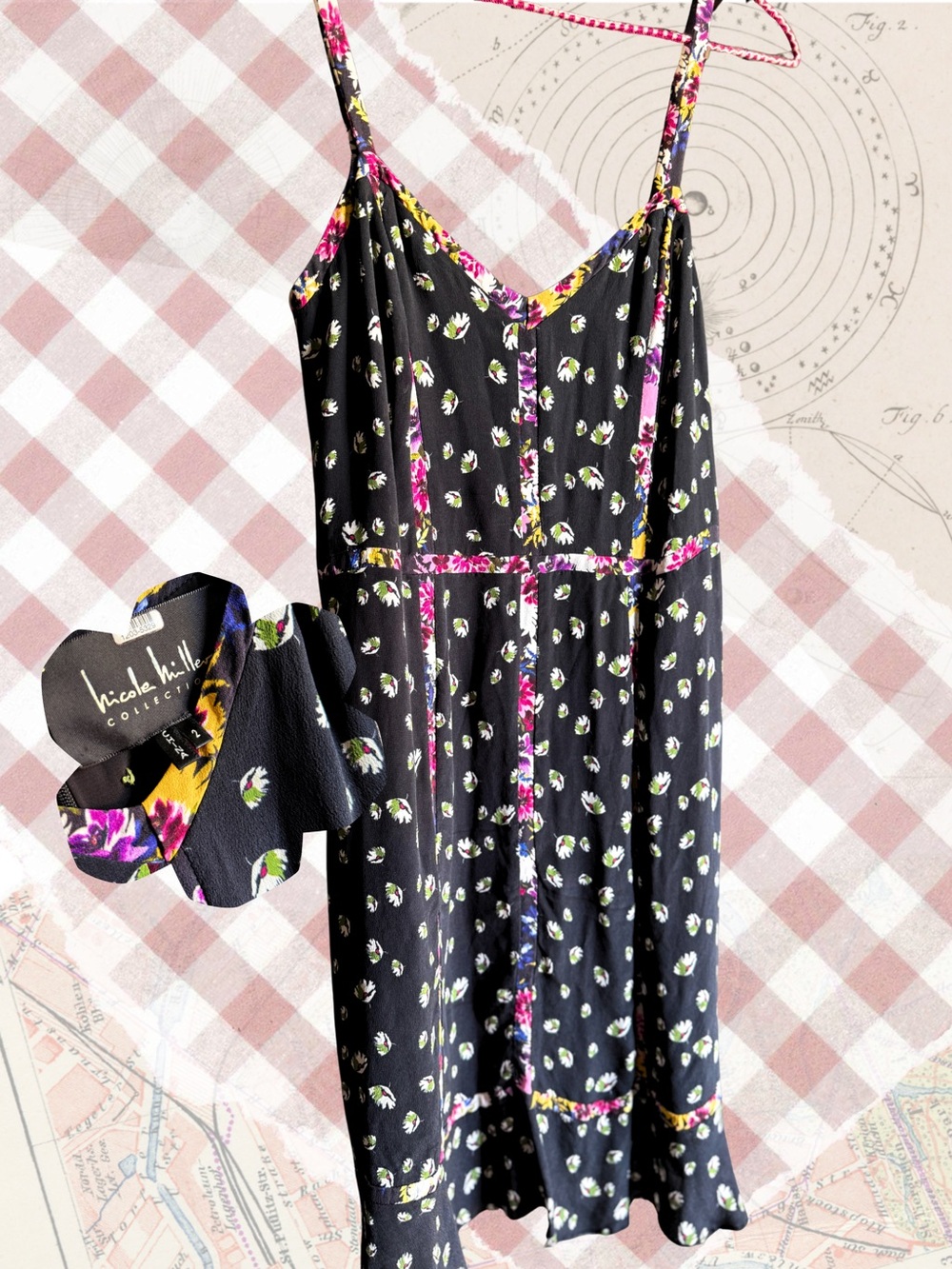 Nicole Miller Black Floral Mini Dress with Pink and Yellow Accents